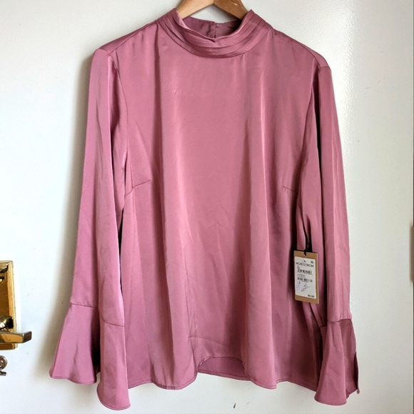 🆕 Halogen Pink Foxglove Long Sleeve Top Blouse Mock Neck Trumpet Sleeves XL - Picture 2 of 16